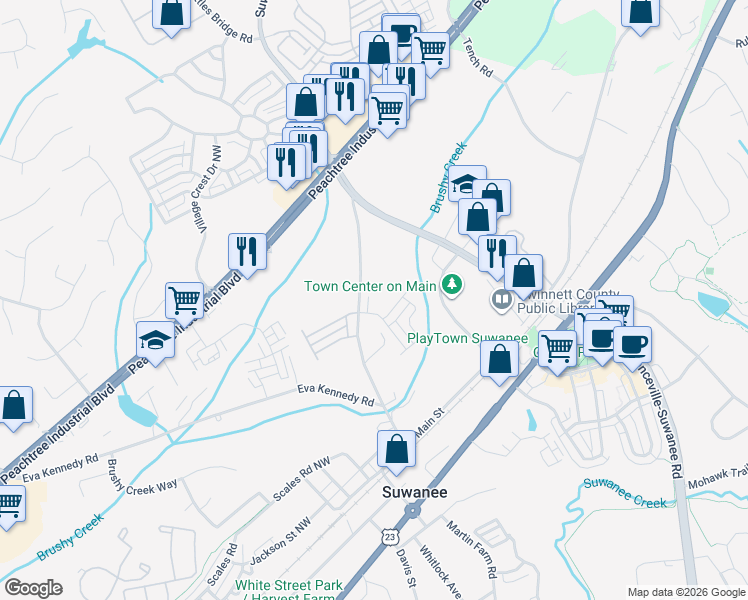 map of restaurants, bars, coffee shops, grocery stores, and more near 525 Pringle Drive in Suwanee
