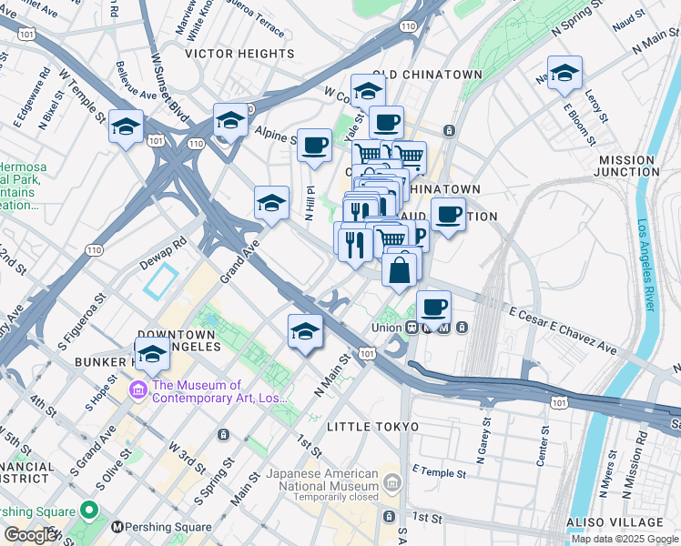 map of restaurants, bars, coffee shops, grocery stores, and more near 639 North Broadway in Los Angeles