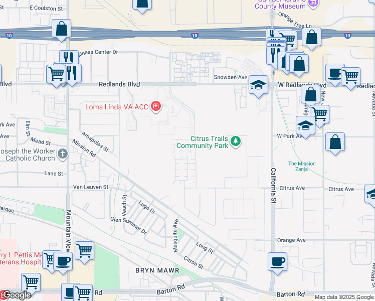 map of restaurants, bars, coffee shops, grocery stores, and more near 26149 Park Avenue in Loma Linda