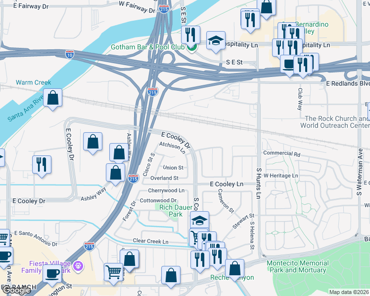 map of restaurants, bars, coffee shops, grocery stores, and more near 776 Atchison Street in Colton