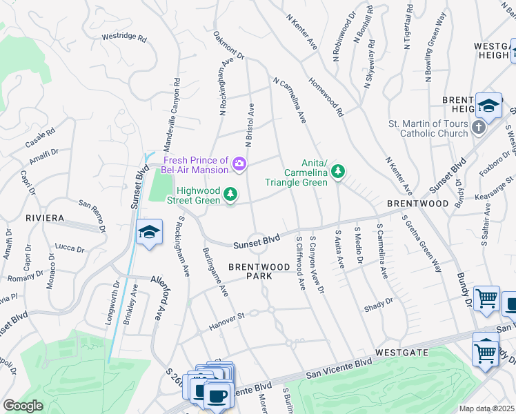 map of restaurants, bars, coffee shops, grocery stores, and more near 164 North Bristol Avenue in Los Angeles