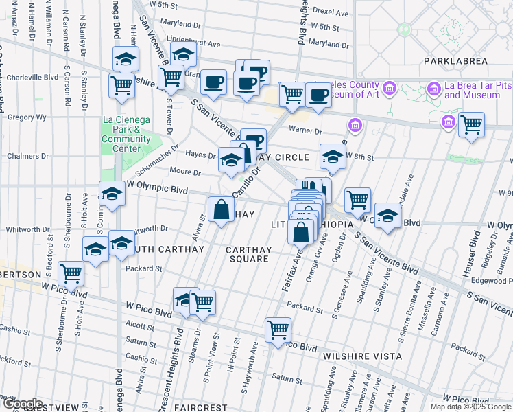 map of restaurants, bars, coffee shops, grocery stores, and more near 6542 West Olympic Boulevard in Los Angeles