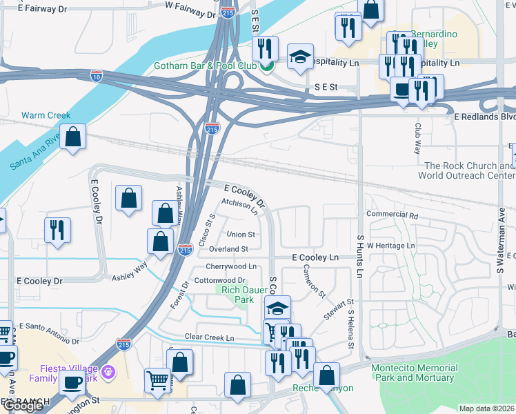 map of restaurants, bars, coffee shops, grocery stores, and more near 776 Atchison Street in Colton