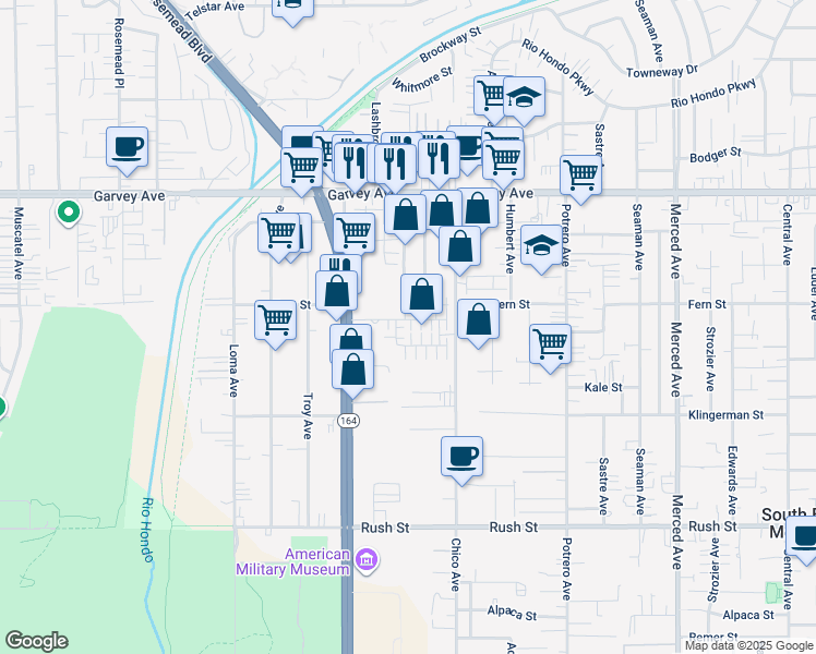 map of restaurants, bars, coffee shops, grocery stores, and more near 2533 Projection Street in South El Monte
