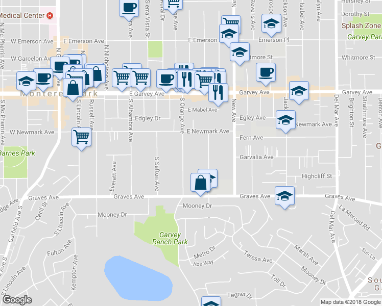 map of restaurants, bars, coffee shops, grocery stores, and more near 340 South Orange Avenue in Monterey Park
