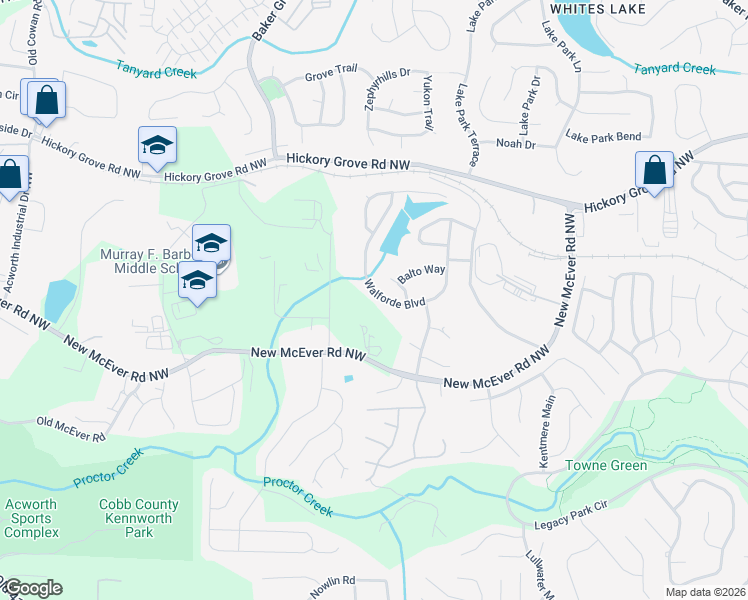 map of restaurants, bars, coffee shops, grocery stores, and more near 4461 Kentland Drive in Acworth