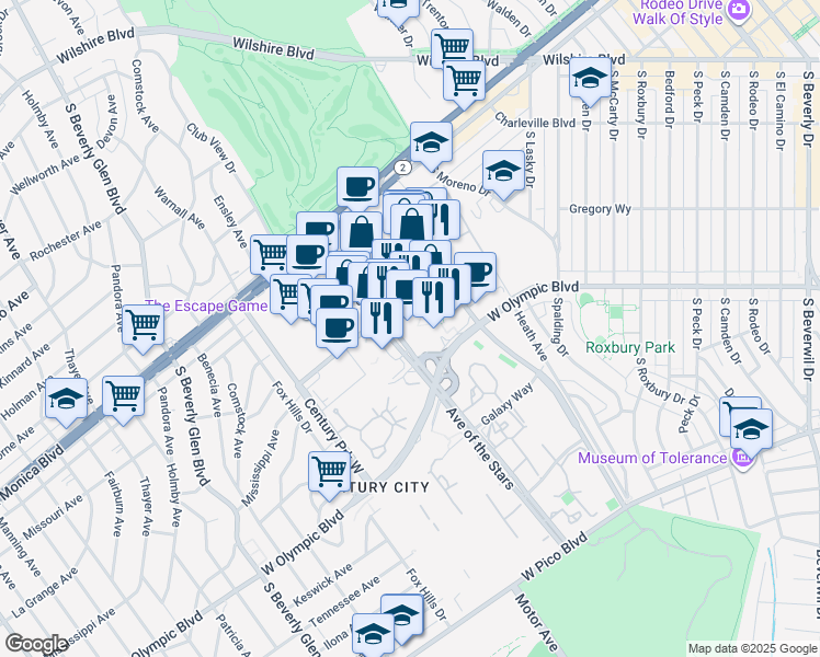 map of restaurants, bars, coffee shops, grocery stores, and more near 2000 Avenue of the Stars in Los Angeles