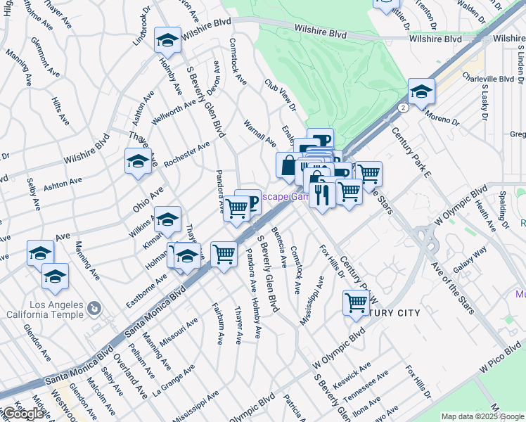 map of restaurants, bars, coffee shops, grocery stores, and more near 1725 Comstock Avenue in Los Angeles