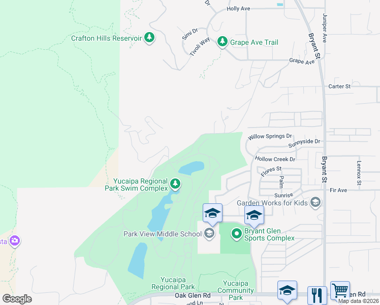 map of restaurants, bars, coffee shops, grocery stores, and more near 10700 Lakeview Road in Yucaipa