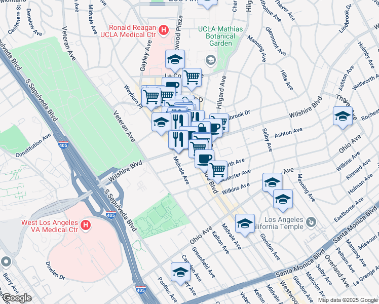 map of restaurants, bars, coffee shops, grocery stores, and more near 10911 Lindbrook Drive in Los Angeles