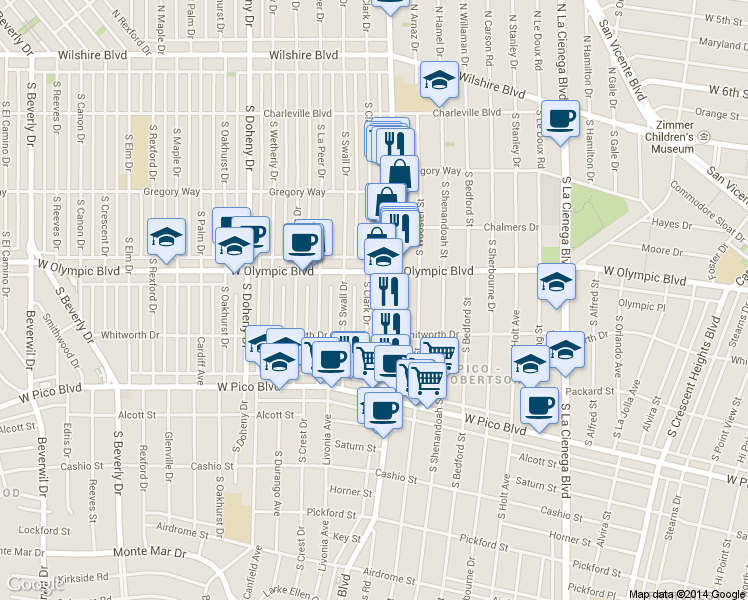 map of restaurants, bars, coffee shops, grocery stores, and more near 434 South Clark Drive in Beverly Hills