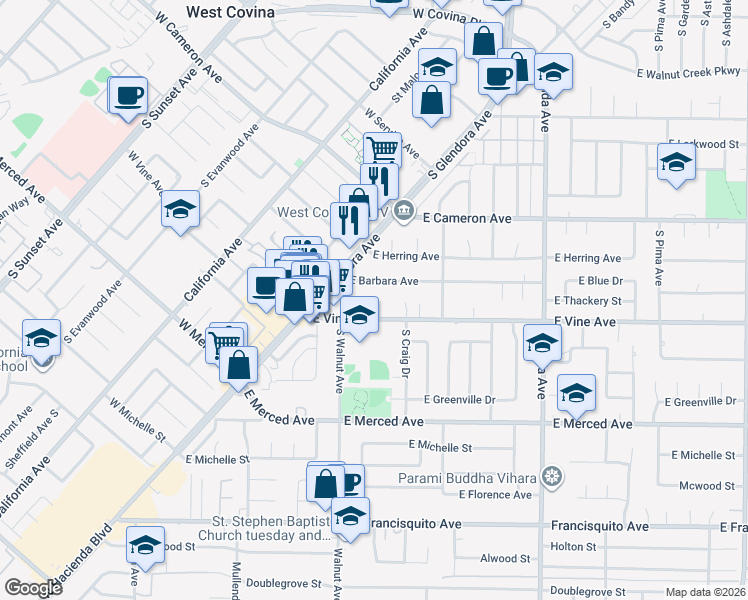 map of restaurants, bars, coffee shops, grocery stores, and more near 933 South Sharonlee Drive in West Covina