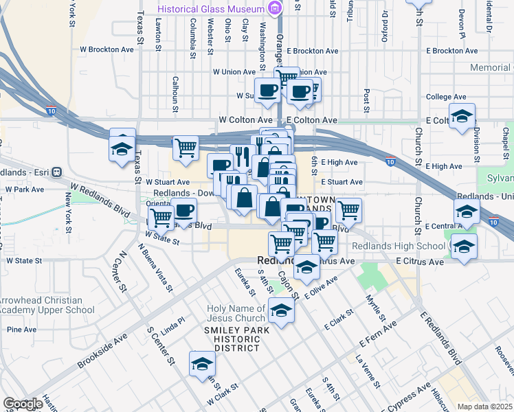 map of restaurants, bars, coffee shops, grocery stores, and more near 330 3rd Street in Redlands