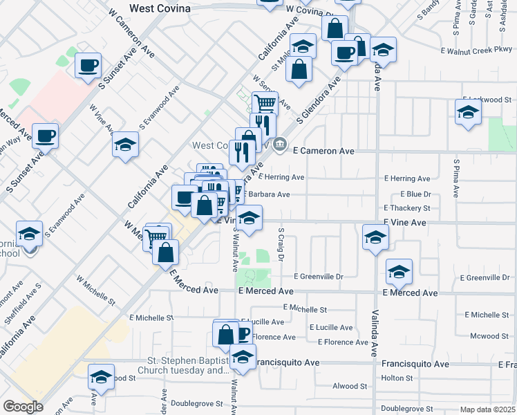 map of restaurants, bars, coffee shops, grocery stores, and more near 933 South Sharonlee Drive in West Covina