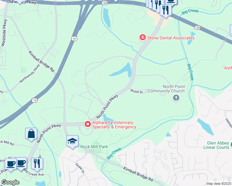 map of restaurants, bars, coffee shops, grocery stores, and more near 11475 Great Oaks Way in Alpharetta
