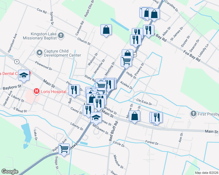 map of restaurants, bars, coffee shops, grocery stores, and more near 4516 Railroad Avenue in Loris