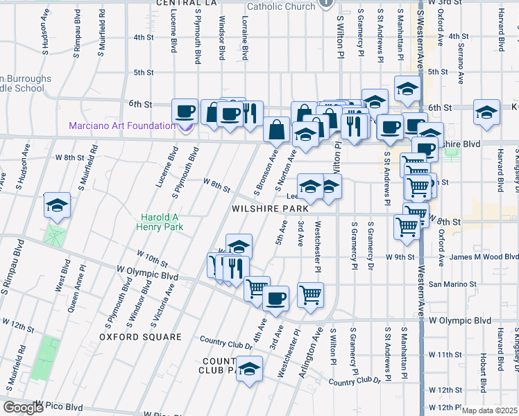 map of restaurants, bars, coffee shops, grocery stores, and more near 800 South Bronson Avenue in Los Angeles