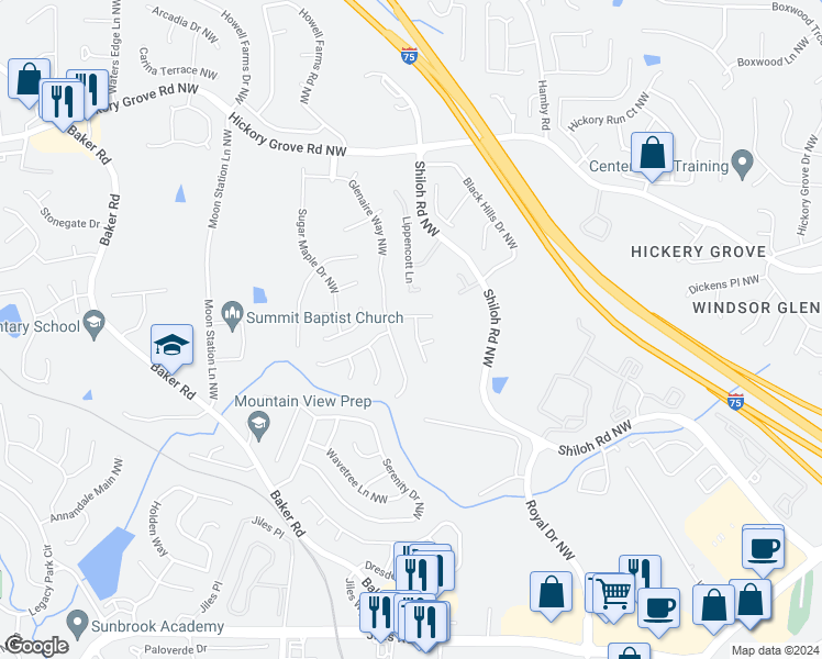 map of restaurants, bars, coffee shops, grocery stores, and more near 4019 Maple Ridge Lane Northwest in Acworth