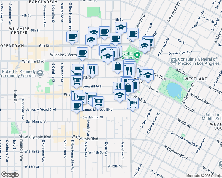 map of restaurants, bars, coffee shops, grocery stores, and more near 2911 Leeward Avenue in Los Angeles