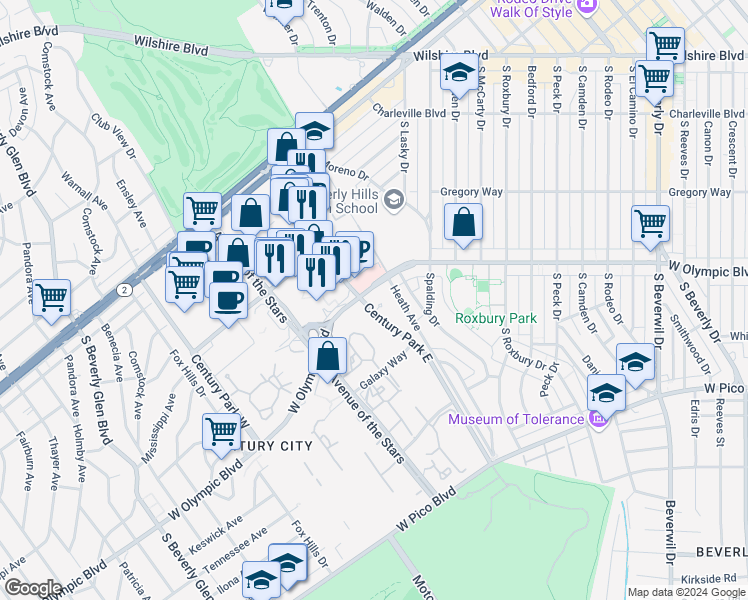 map of restaurants, bars, coffee shops, grocery stores, and more near 2160 - 2170 Century Park East in Los Angeles