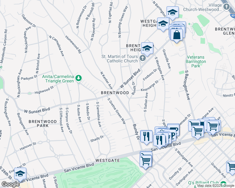 map of restaurants, bars, coffee shops, grocery stores, and more near 12190 Sunset Boulevard in Los Angeles