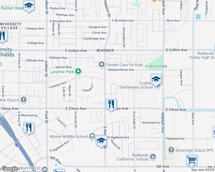 map of restaurants, bars, coffee shops, grocery stores, and more near 304 North Dearborn Street in Redlands