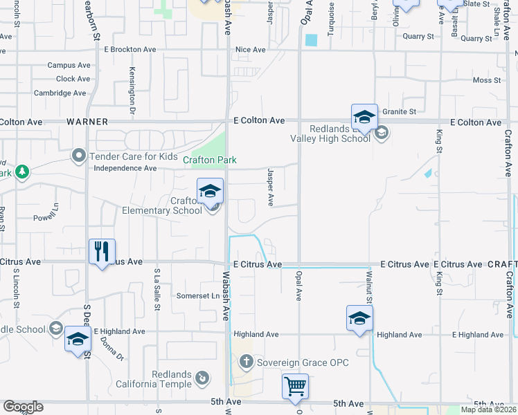 map of restaurants, bars, coffee shops, grocery stores, and more near 1827 Montecito Lane in Redlands