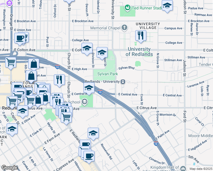 map of restaurants, bars, coffee shops, grocery stores, and more near 1100 East Park Avenue in Redlands