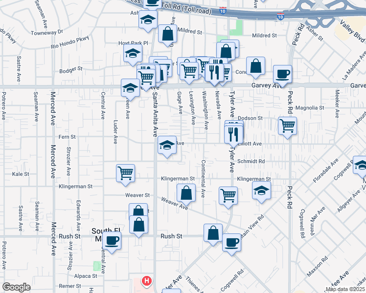 map of restaurants, bars, coffee shops, grocery stores, and more near 2613 Lexington Avenue in El Monte