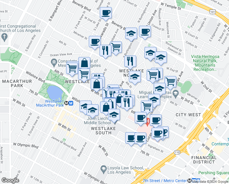 map of restaurants, bars, coffee shops, grocery stores, and more near 431 South Union Avenue in Los Angeles