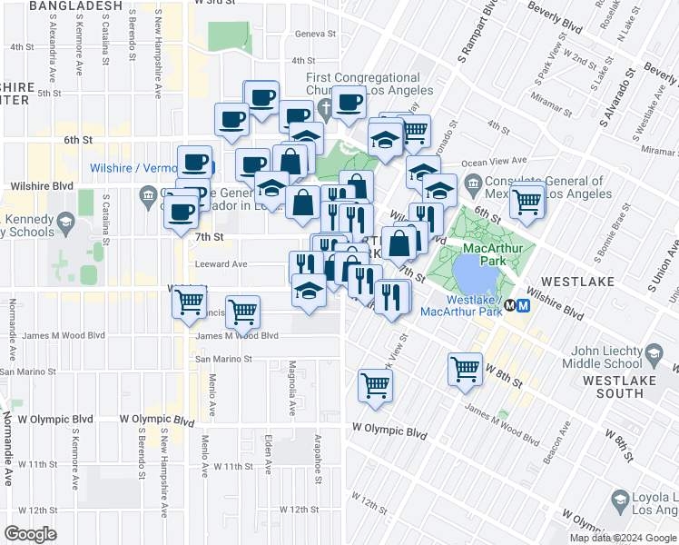 map of restaurants, bars, coffee shops, grocery stores, and more near 720 Hoover Street in Los Angeles