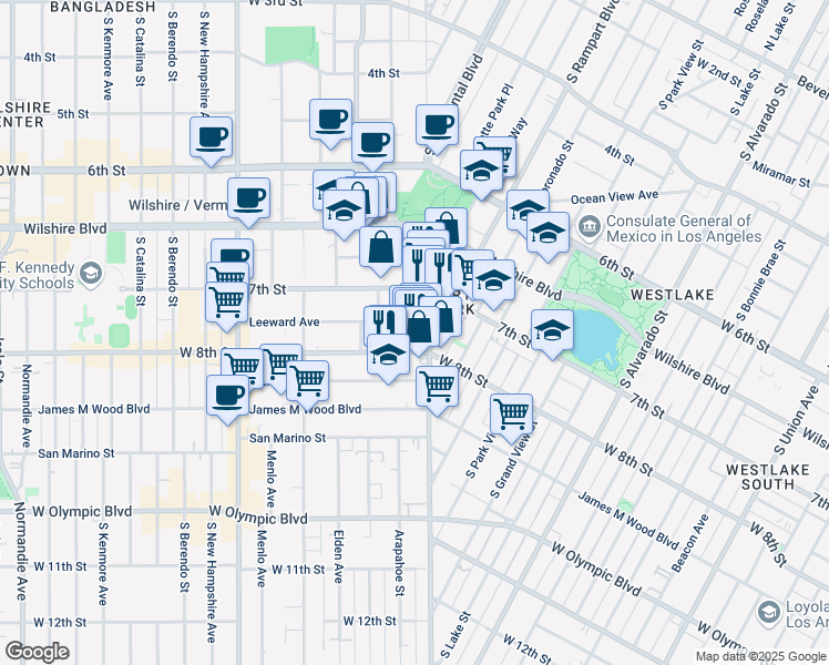 map of restaurants, bars, coffee shops, grocery stores, and more near 2841 Leeward Avenue in Los Angeles