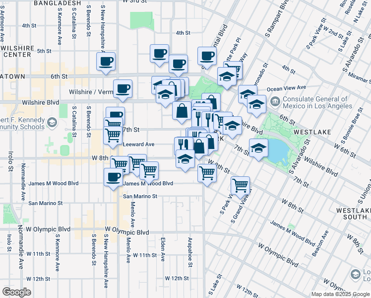 map of restaurants, bars, coffee shops, grocery stores, and more near 2841 Leeward Avenue in Los Angeles