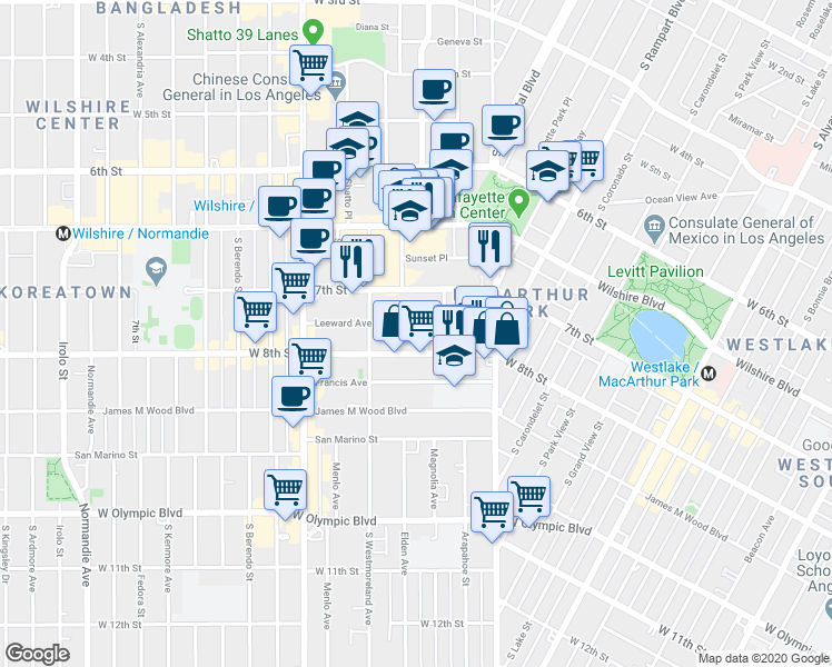 map of restaurants, bars, coffee shops, grocery stores, and more near 2911 Leeward Avenue in Los Angeles