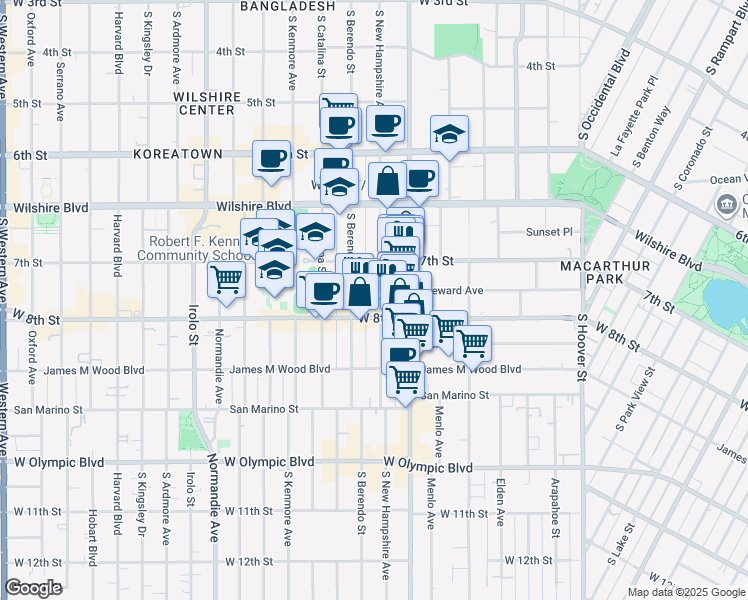 map of restaurants, bars, coffee shops, grocery stores, and more near 725 South New Hampshire Avenue in Los Angeles