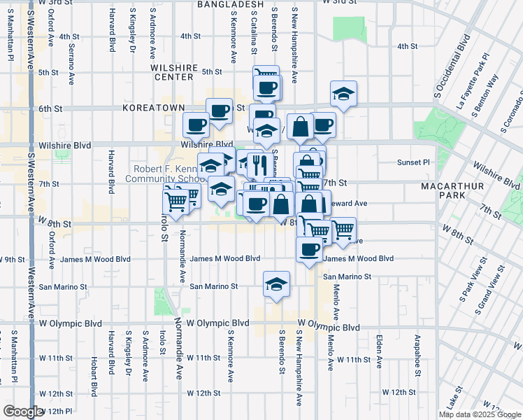 map of restaurants, bars, coffee shops, grocery stores, and more near 725 South Berendo Street in Los Angeles