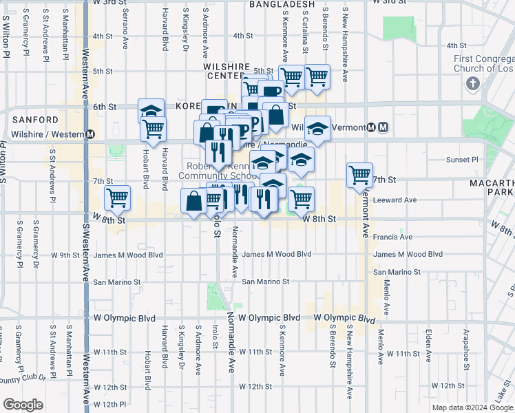map of restaurants, bars, coffee shops, grocery stores, and more near 721 South Mariposa Avenue in Los Angeles