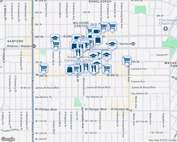 map of restaurants, bars, coffee shops, grocery stores, and more near 721 South Mariposa Avenue in Los Angeles