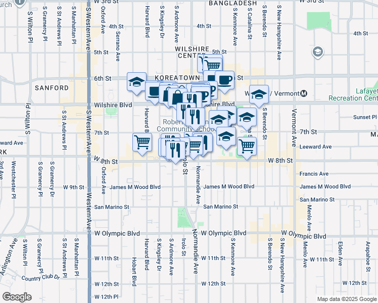 map of restaurants, bars, coffee shops, grocery stores, and more near 3550 West 7th Street in Los Angeles