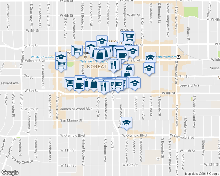 map of restaurants, bars, coffee shops, grocery stores, and more near 729 South Ardmore Avenue in Los Angeles