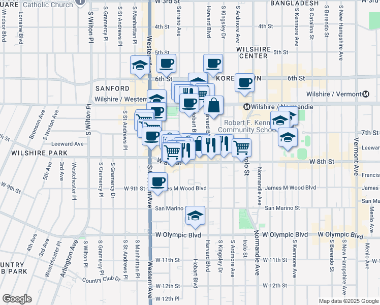 map of restaurants, bars, coffee shops, grocery stores, and more near 720 South Hobart Boulevard in Los Angeles