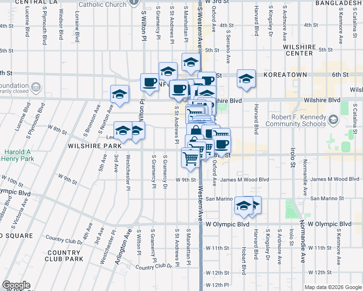 map of restaurants, bars, coffee shops, grocery stores, and more near 740 S St Andrews Pl in Los Angeles