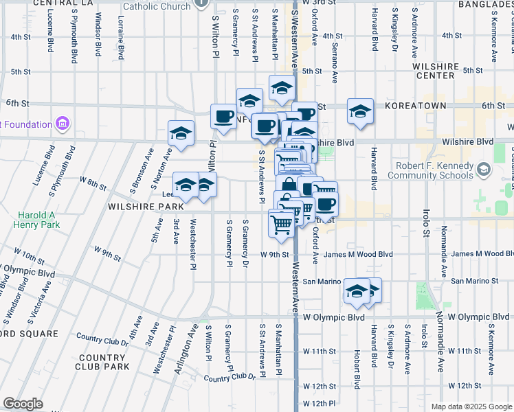 map of restaurants, bars, coffee shops, grocery stores, and more near 718 South Saint Andrews Place in Los Angeles
