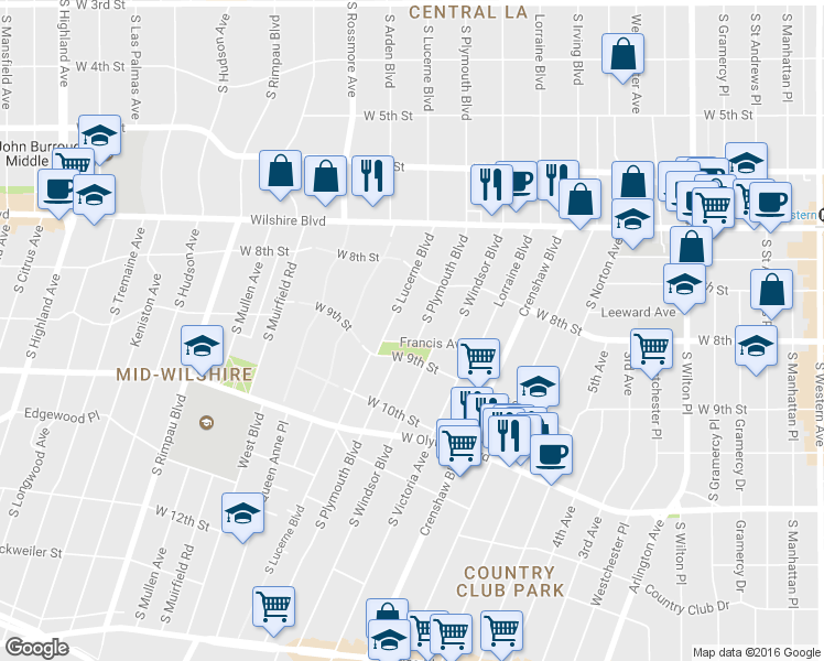 map of restaurants, bars, coffee shops, grocery stores, and more near 833 South Plymouth Boulevard in Los Angeles
