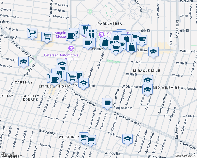 map of restaurants, bars, coffee shops, grocery stores, and more near 863 South Stanley Avenue in Los Angeles