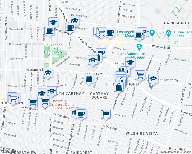 map of restaurants, bars, coffee shops, grocery stores, and more near 986 Stearns Drive in Los Angeles
