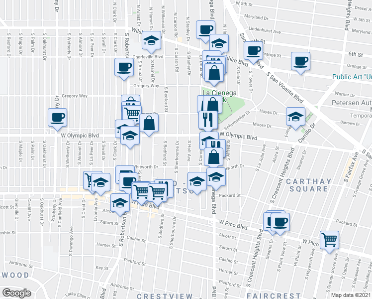 map of restaurants, bars, coffee shops, grocery stores, and more near 1001 South Holt Avenue in Los Angeles