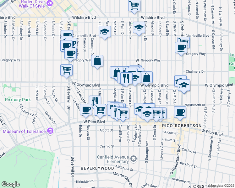 map of restaurants, bars, coffee shops, grocery stores, and more near 9200 West Olympic Boulevard in Beverly Hills