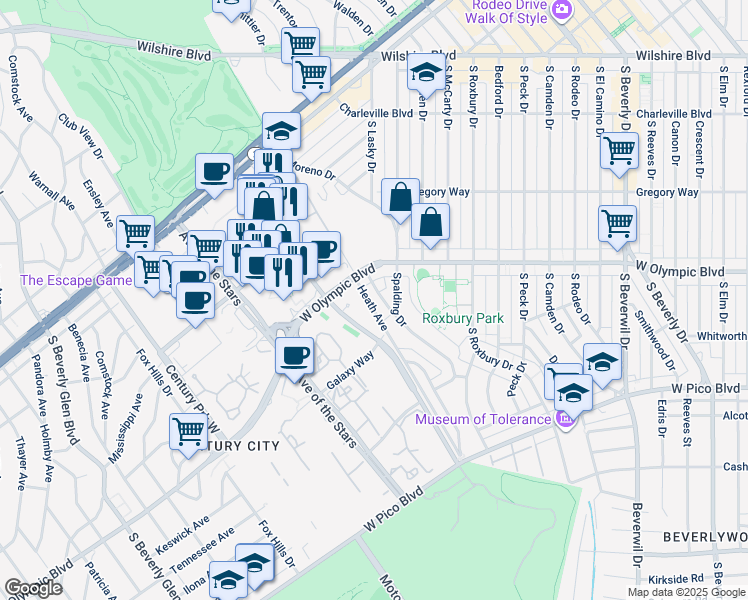 map of restaurants, bars, coffee shops, grocery stores, and more near 405 Shirley Place in Beverly Hills