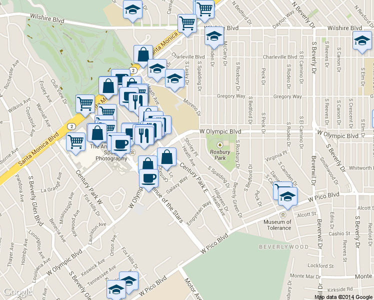 map of restaurants, bars, coffee shops, grocery stores, and more near 405 Shirley Place in Beverly Hills